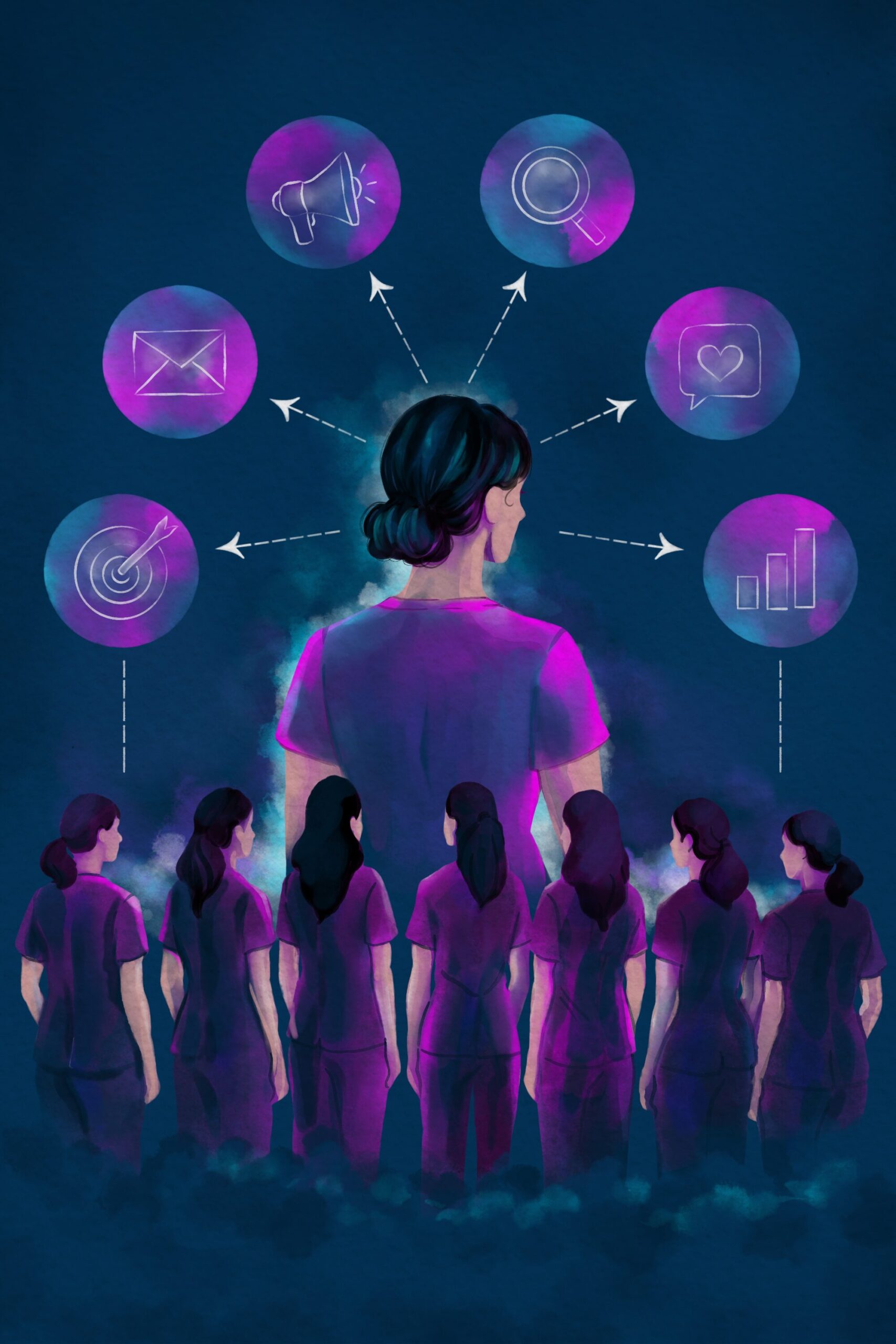 Conceptual graphic showing clinic staff management and digital marketing channels organised for practice growth
